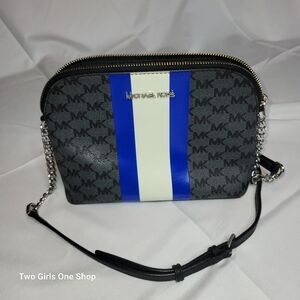 MICHAEL KORS Center Stripe Cindy Dome Signature Crossbody Black Blue Silver